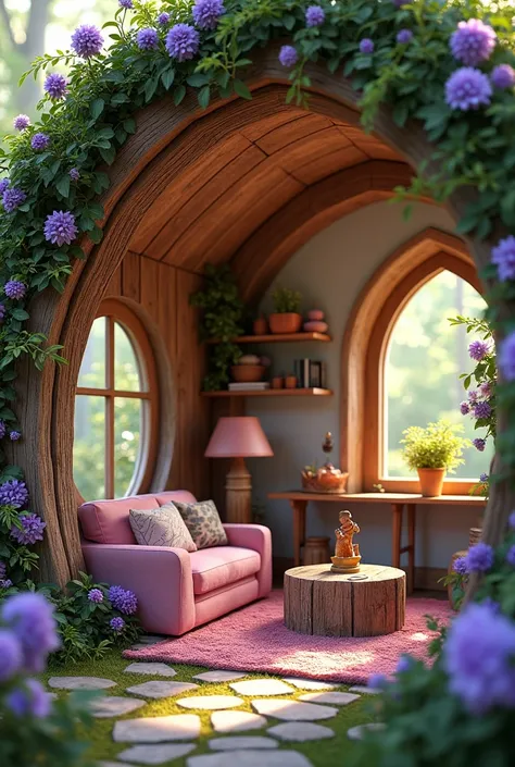  Create the interior of a fairy house, That it has purple flowers and that the living room and the kitchen appear, Without the fairy
