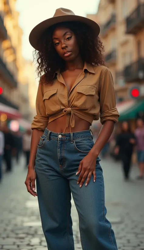 woman, adult, curvy body, curly brown hair, thin woman, showing the whole body, (large breasts: 1.4), (dark skin: 1.8), ((standing casually on a busy urban street during the golden hour, soft sunlight highlighting her features, surrounded by a lively city ...