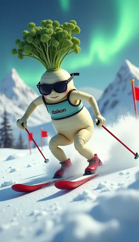 Realistic radish doing Ski Sprint, radish wearing sports sunglasses, ski wear with Daikon written on bib. He is going down a slope at high speed, scattering snow violently. Spattering snow. Flags on the ground are just barely bypassed to emphasise coolness...