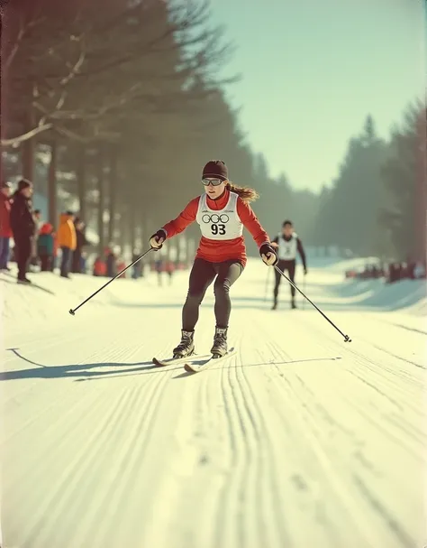 pinhole photography, sepia old photo. Skisprint, A photo of a Womens ski sprint, Dynamic Motion, Motion Blur, Dynamic Motion Blur. retro vibes, Vintage Photography, analog film texture, 8mm film texture, Vintage Processing. FIS Cross Country World Cup, Rac...