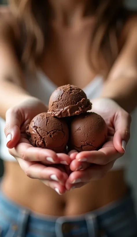 hyper-realistic, woman with arms extended towards the camera, holding three scoops of chocolate ice cream, natural hands, well-groomed nails, rich and creamy texture, slightly melting, visible upper body and legs, soft and warm lighting, blurred background...