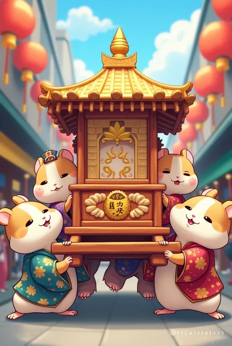 Hamsters carry a mikoshi at the festival