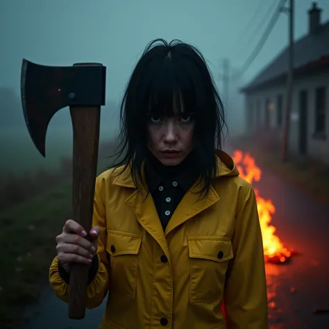 a woman black hair, wear yellow raincoat while holding axe y, natural, scary, horror atmosphere of red fire, land road village, at night, dark placed, eerie, anger, thick fog, masterpiece, vibrant effects image, life-like realistic, real human indonesians,...