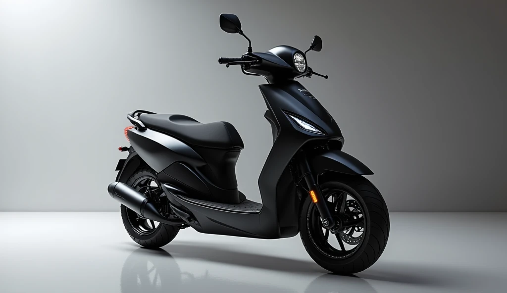 Generate a high-resolution, fully realistic image of a ( 2025 Honda Forza scooter ) in ( black ) , with a sleek and modern exterior, futuristic wheels, and a shimmering body color, displayed in a luxurious showroom.The image should be highly detailed and r...