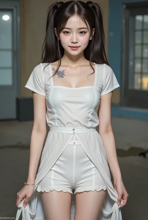 realistic, Press photo, Documentary Technique,
hasselblad, 85mm f1.4 zeiss lens, HDR,
full body visible, facing the camera, looking at the camera,
young korean girl,
she is lowteen,
big round brown eyes, 
she has very white skin, 
she has dark brown twin b...