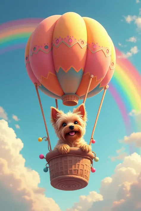 Yorkshire Terrier　cute　smile　Riding in a balloon、rainbow、Genuine