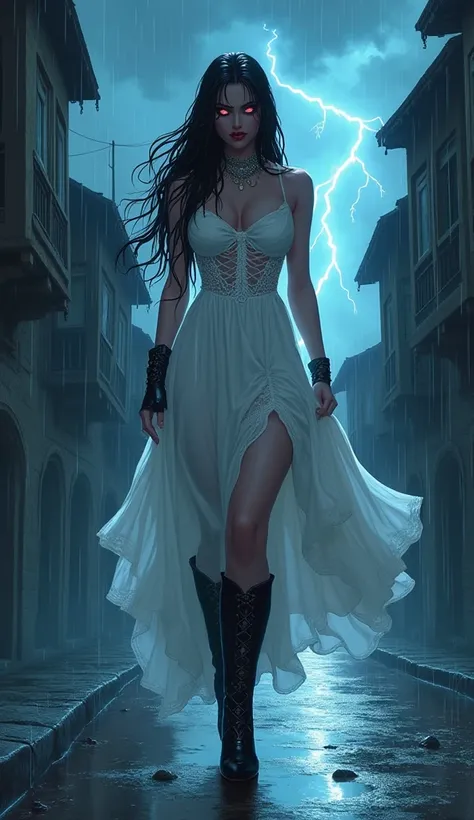   score_9, score_8_up, score_7_up, score_6_up, score_5_up, score_4_up, a comic art picture a beautiful mature female vampire walking in the street at night,  wearing white dress, intricate dress, high heel boots, dynamic hair color, glowing eyes, wet face,...