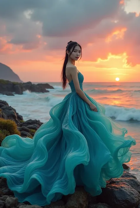 A stunning cinematic image of a beautiful korean woman looking at the camera wearing a dress that appears to be made from undulating waves of the ocean. The dress is a mesmerizing blend of blues and greens, with a flowing skirt that mimics the movement of ...