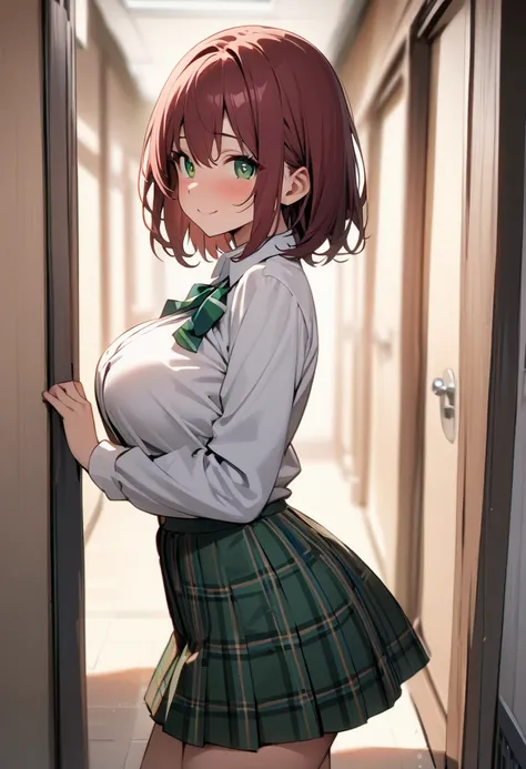 ( masterpiece , top quality:1.2),  1 girl, Alone,  Expressive Eyes ,  straight hair,  loose, short hair ,  maroon hair in the garden,  Big Breasts High School Girl,  uniform with a white shirt and a dark green plaid mini skirt with a green ribbon , smile, ...