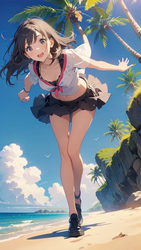 Girl in a miniskirt frolicking on a summer beach , Girl looking up from below、   low angle