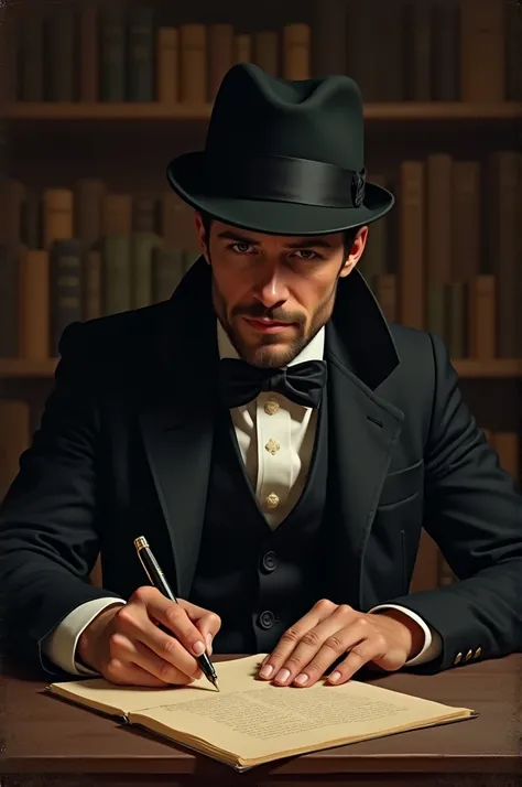 Image of a 19th century writer named Leo Sam ,  wearing a black bowler hat writing with his pen