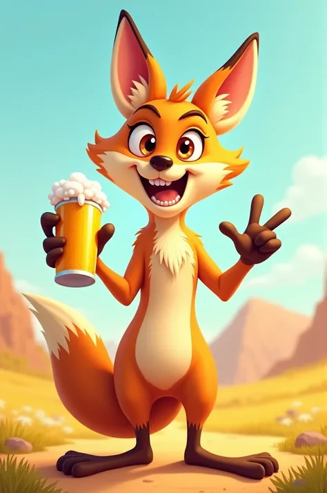 Cheerful cartoon coyote with a beer in his hand 
