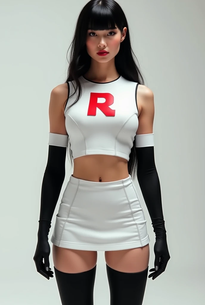 She wears a sleek, white crop top paired with a matching white skirt. The outfit includes a bold red letter "R" emblazoned on the chest, giving it a futuristic team uniform vibe. To complement this, she dons black thigh-high stockings and matching black el...