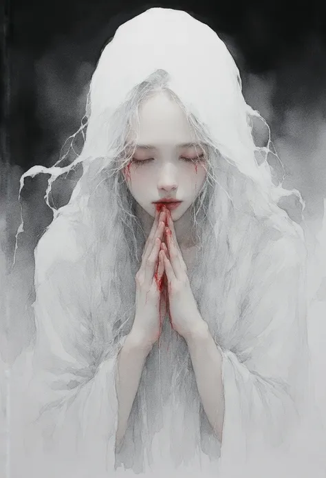 A hauntingly beautiful watercolor painting of a young woman with ethereal beauty. Her long, white hair flows around her like a cloud. She has a calm yet intense expression and a piercing gaze. Her hands are clasped in front of her, adding solemnity to her ...