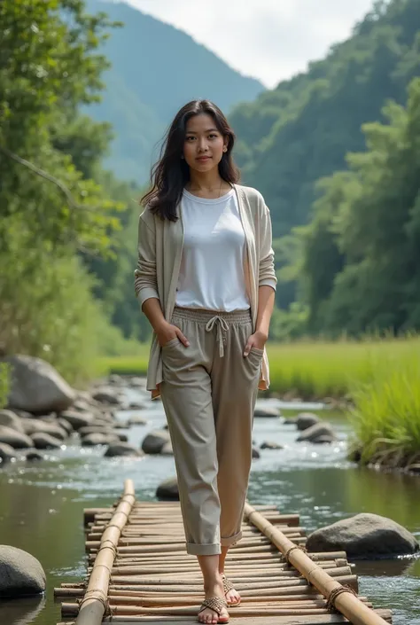 Indonesian woman, 20 years , body agal fat. wearing a plain white T-shirt, with a cardigan on the outside. Wearing long pants, wearing sandals. Standing and posing on a bridge made of bamboo. Below you can see the clear river water flowing. Next to the riv...