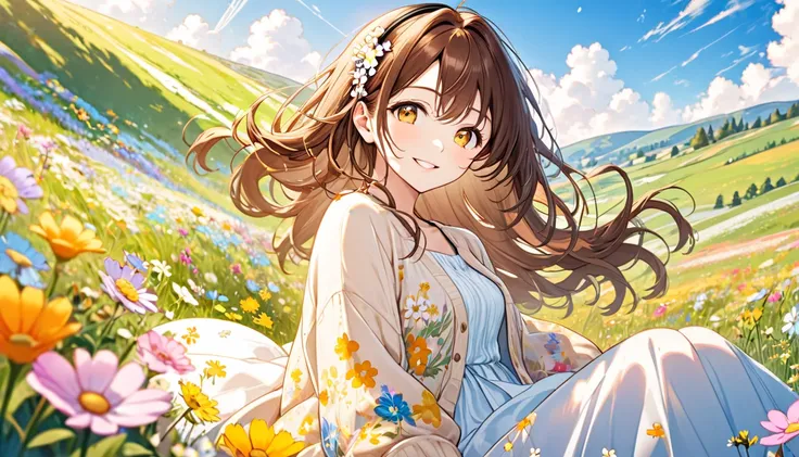 A highly detailed anime-style illustration of a cheerful young woman. She has short, brown hair with soft waves and golden eyes that exude a gentle yet vibrant charm. She is wearing headphones with a modern and stylish design, complemented by small floral ...