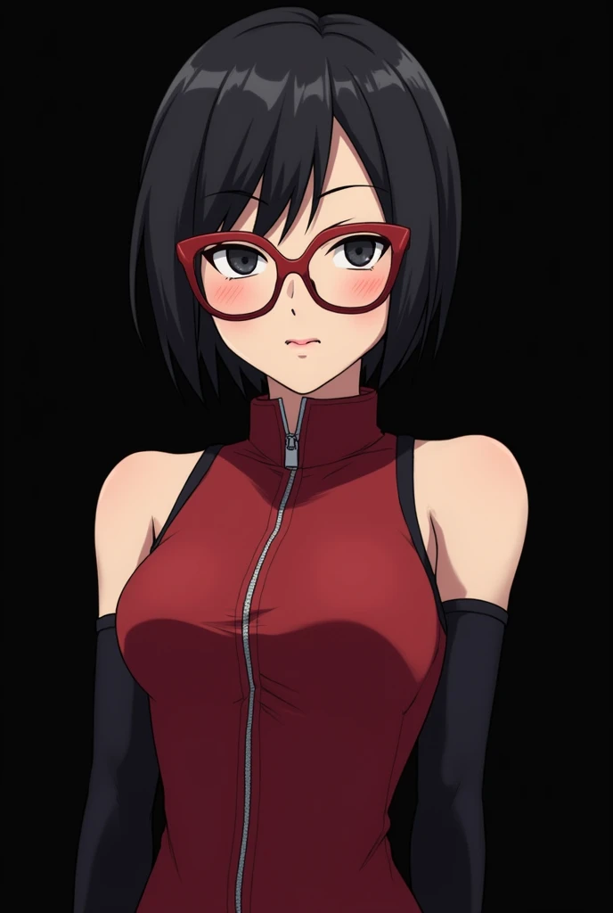 score_9, score_8_up, score_7_up, source_anime, sarada uchiha, short hair, black hair, black eyes, red-framed eyewear, glasses, swept bangs, looking at viewer, eye contact with viewer, smile, smug, closed mouth, light blush, bare shoulders, detached sleeves...