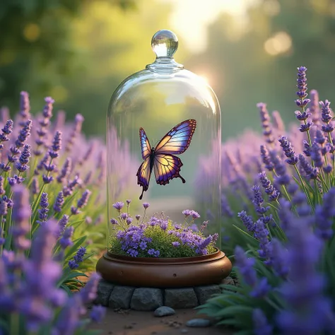 Butterfly free lavender flower garden with glass cage inside 