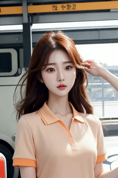  Realistic photo of (1 cute Korean actress )  flip hair , light makeup, Medium chest size,  orange polo, At the station, Canon EOS Clear Face Contours , 16k,  high definition ,  Sharp and Realistic Details,  Expose too much, Cut-in, 超 high definition ,  hi...