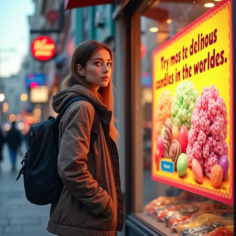 Sasha, a young woman with a curious expression on her face, is walking down the street. She notices a bright poster in the store window. The poster shows appetizing, colorful candies, and next to them, in large letters, it says: "Try the most delicious can...