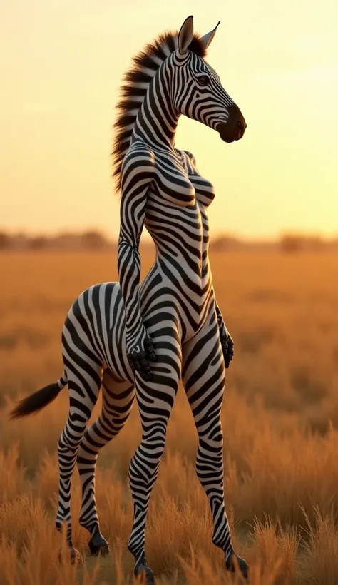 "A stunning hybrid creature merging the traits of a young woman and a zebra, standing majestically in an open savannah. The hybrid has a humanoid form with zebra-like features: her skin is patterned with sleek black-and-white stripes that flow naturally ac...