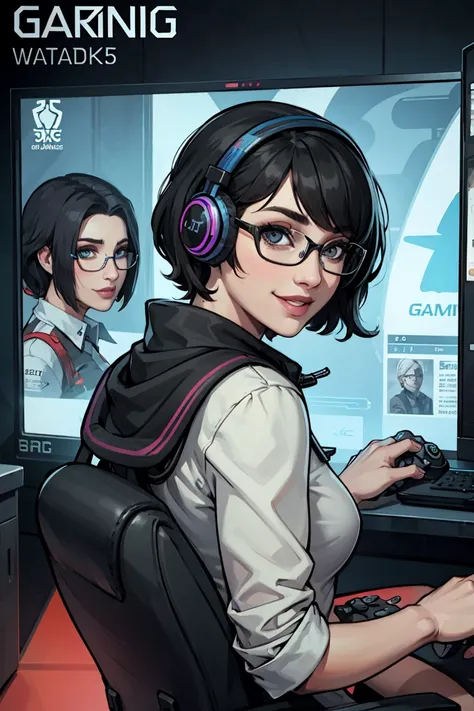 5０Generation of women　Black hair waves　 semi-short hair 　Glasses　 facing the front　Gaming Headsets　 big smile when looking back　 Game Controller 　PC room 