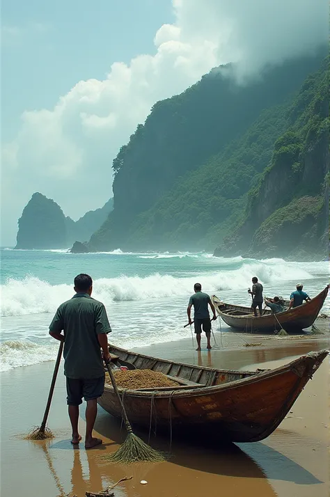 Indonesian fishermen are fishing on the beach with big waves, very beautiful Kunti Island, many fishing boats, very real photo