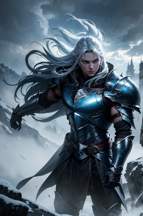 a warrior in a snowy landscape, intricate armor, glowing blue eyes, flowing cloak, fierce battle stance, ray of light piercing the clouds, dramatic shadows, cold metallic hues, digital painting, hyper detailed, cinematic lighting, epic fantasy, (best quali...