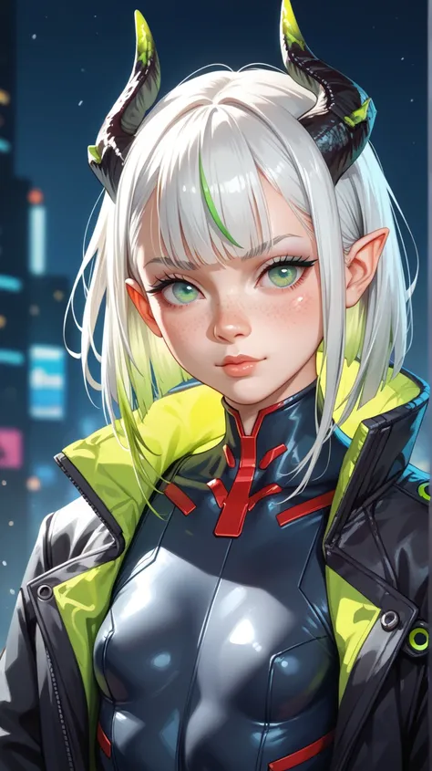 portrait of a young adult female, looking at the camera, white medium  hair with green highlights, wearing a black cyberpunk coat over a tight black bodysuit, small chest, friendly expression, pale skin with freckles, green eyes, with big dragonic horns, p...