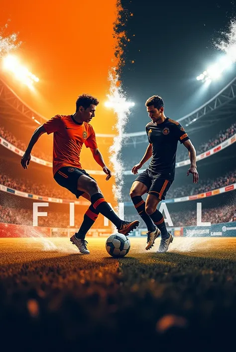 A soccer sports flyer that has  "final"  in place with a game of colors between orange and black and a little bit of white 