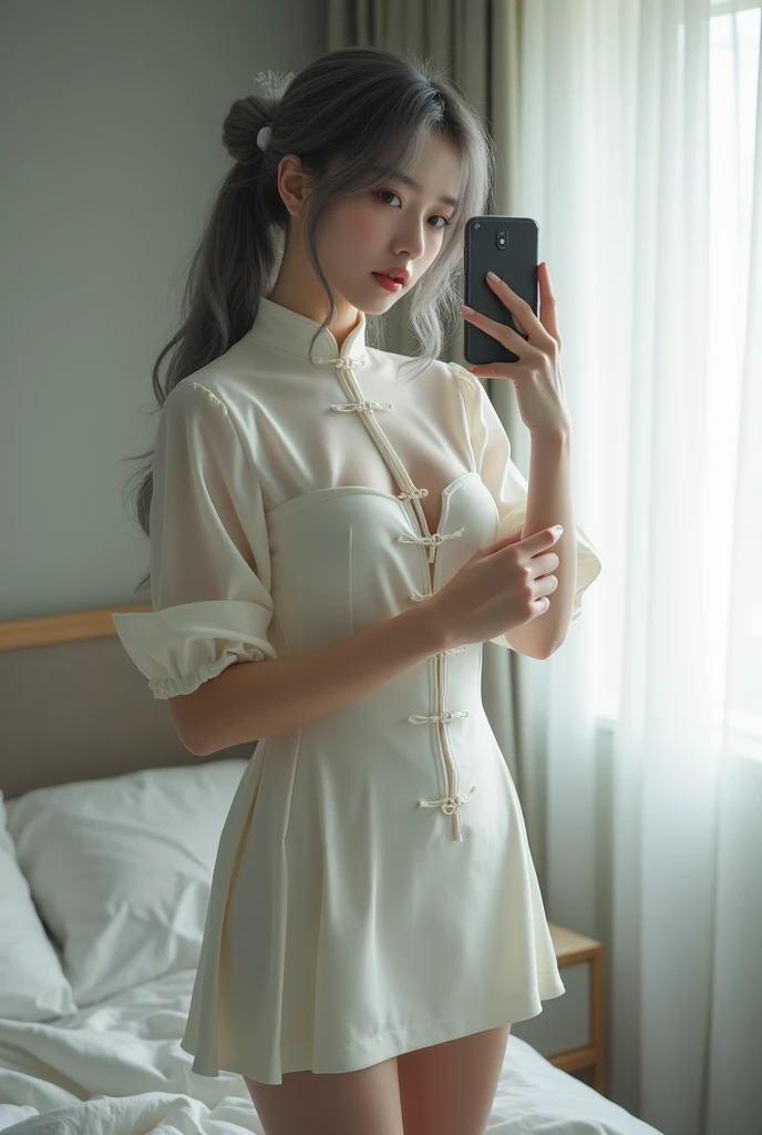  very detailed, beautiful, Surreal Girl, masterpiece,  top quality,  Japanese sexy gravure woman , 1, Identity hidden,   with a small butt looking away from the camera taking a selfie in his room using a smartphone with one hand in front of a mirror,  fash...