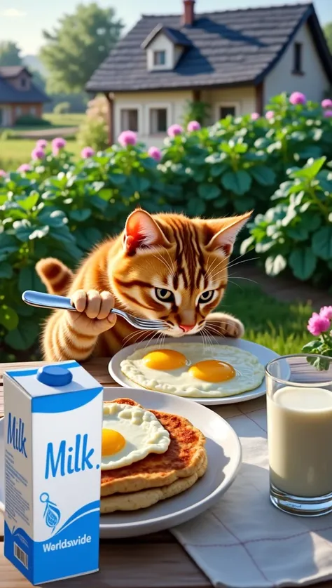 A cute orange tabby cat sits outdoors in a lush vegetable garden, eating a plate of sunny-side-up eggs using a fork. Beside the cat on the table is a glass of milk and a carton labeled Milk. The serene rural background features cozy houses and vibrant gree...