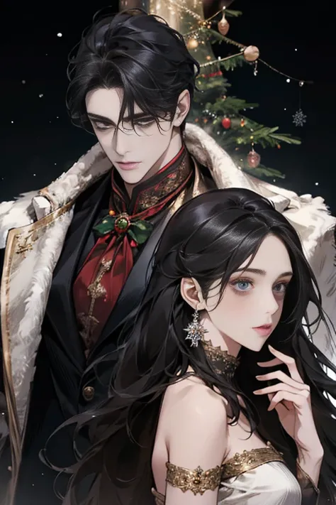 Beautiful and gentle ladies and handsome and cool men，Sweet atmosphere，Perfect face，bust，Back to Back，black hair black eyes，Perfect hands perfect face, Background with Christmas trees.

