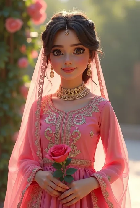 A beautiful 18 years old Pakistani cute girl wearing a pink lehanga, in his hand a rose, on the
front of dress written name" ANABIA " realistically 16k