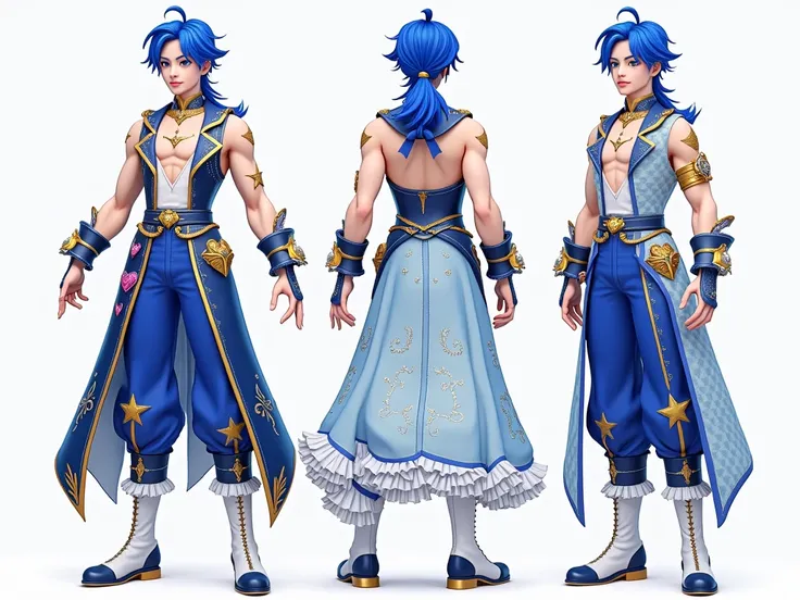 high quality, 8K Ultra HD, Teen Sexy Boy Magical Prince Blue Star Idol Themed, with a low-cut top with a white chest lined by gold studs and royal blue ruffles. The bodice is royal blue with two gold stars at the middle, followed by off-white ruffled fabri...