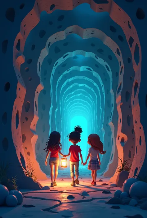 Generate in cinematic 3d cartoon style 
A labyrinth-like corridor with walls shifting and changing, as the friends look for a way out with lanterns in hand."