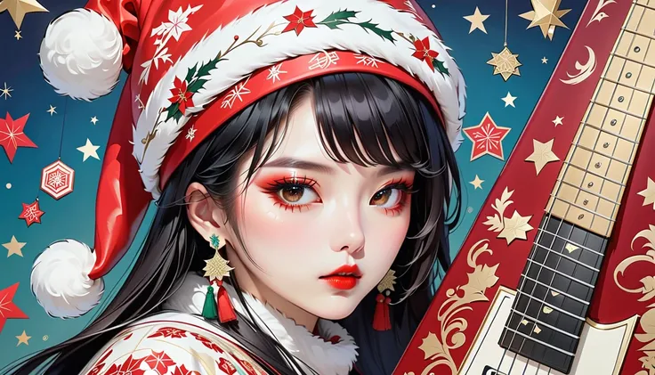 (masterpiece, ultra detailed,best quality)(((1 female))), (((christmas pattern leather MANTEL with lingiere))), (((santa hat))), (((Very flashy makeup))), (((METAL  guitar ))), Japanese style headphones, face close-up, front view, Japanese beautiful girl, ...