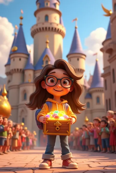 A 3D Pixar-style cartoon girl with long wavy brown hair, wearing glasses, a casual hoodie, jeans, and a backpack, standing in the kingdoms courtyard, holding a glowing treasure chest filled with colorful magical gems. She looks proud and joyful, with the g...