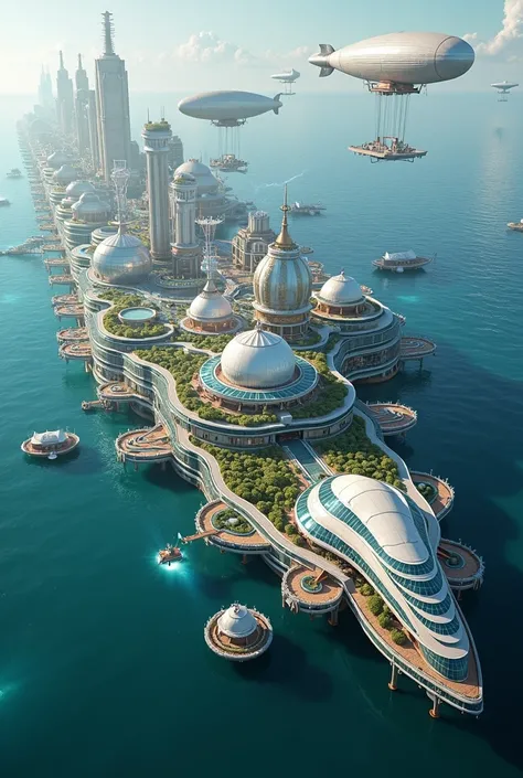 (A large, futuristic, seagoing, motarized, floating, island city):2, (self-sufficient and sustainable, harnessing wind and solar power, wave motion):2, and (a small fusion reactor to power the massive in-board enginges that move the city through the water)...