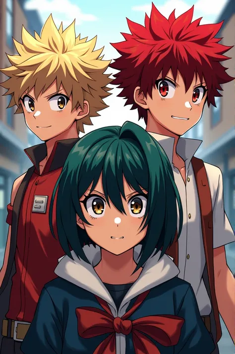  Anime boy with spiky blond hair, red eyes  and  Anime boy  with spiky red hair, red eyes with a anime girl with greenish blue hair, hazel eyes. My Hero Academia style 