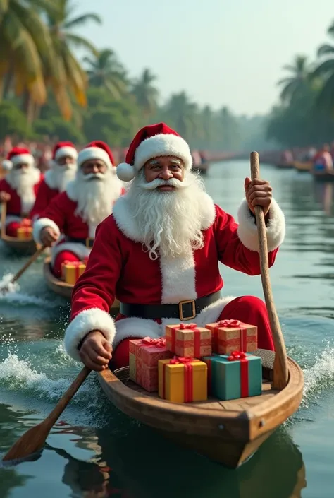 Create a realistic video of a group of santa clauses doing alappuzha boat race in the river with gifts