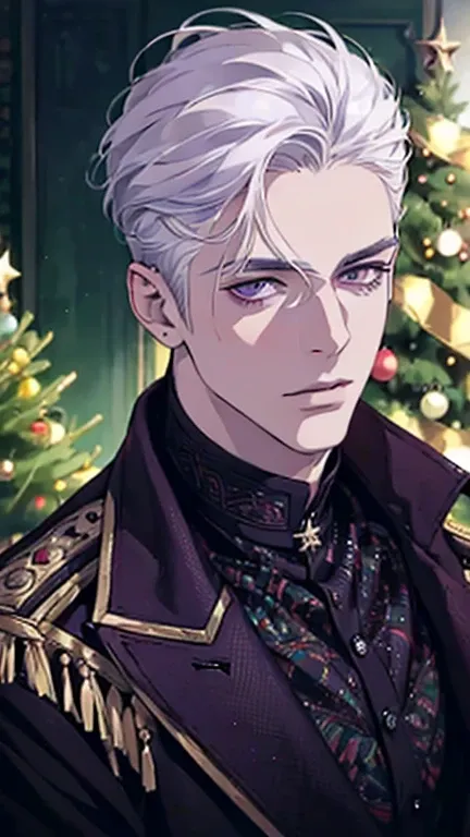 "(best quality,ultra-detailed,realistic:1.37),Medium,portrait,purple eyes,white hair,Man with medium hair,Fine painting style,Detailed facial features,attractive male appearance" , Background with Christmas trees.

