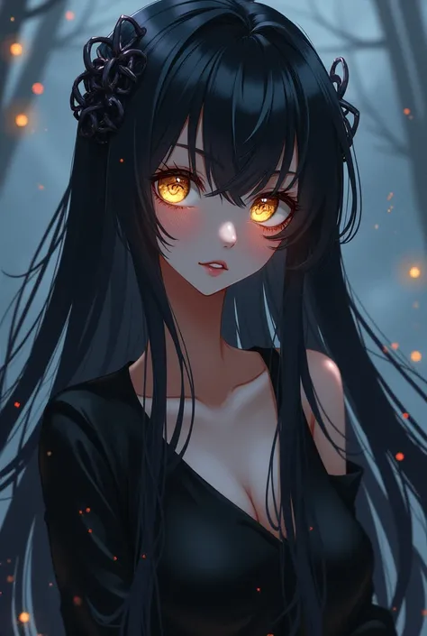 Anime  with long black hair with golden eyes 