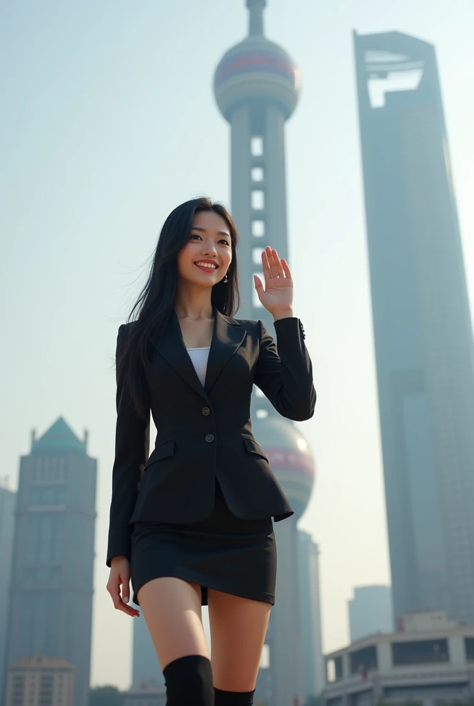  blazer, miniskirt, and knee-high socks with Shanghai Tower in the background。 black hair。 Friendly Smiles 。Beautiful Chinese woman saluting 