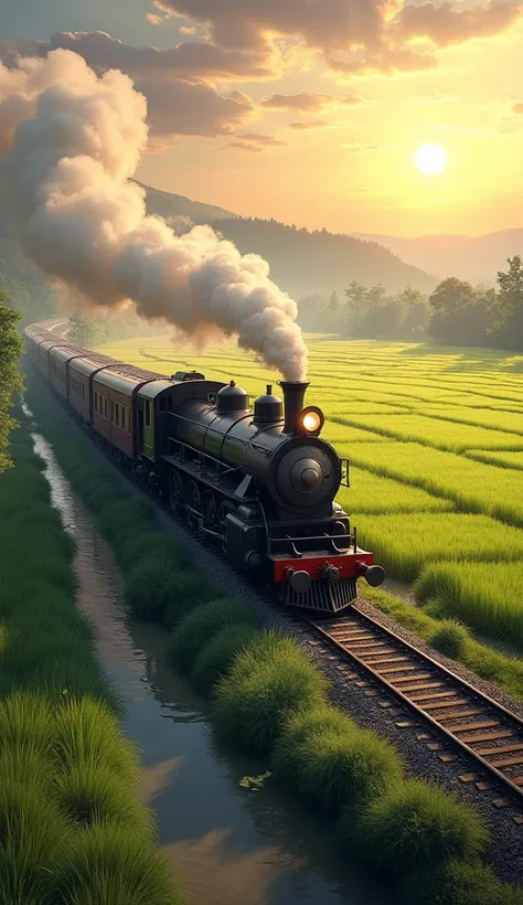 The train runs on the tracks, away from the setting sun, beside the river and rice fields. 