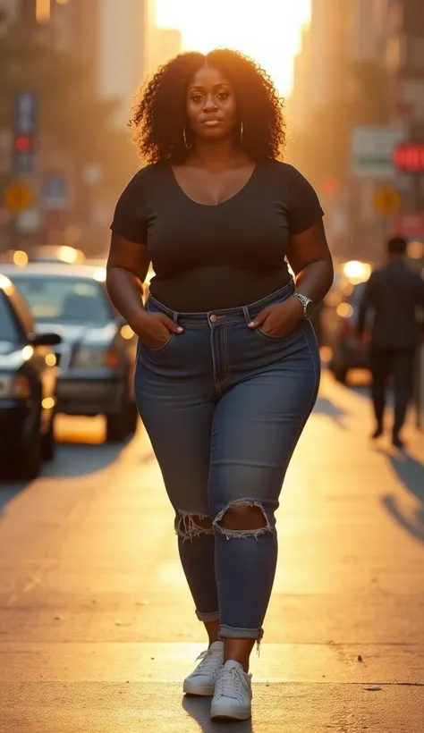 woman, adult, curvy body, curly brown hair, thin woman, showing the whole body, (large breasts: 1.4), (dark skin: 1.8), ((standing casually on a busy urban street during the golden hour, soft sunlight highlighting her features, surrounded by a lively city ...