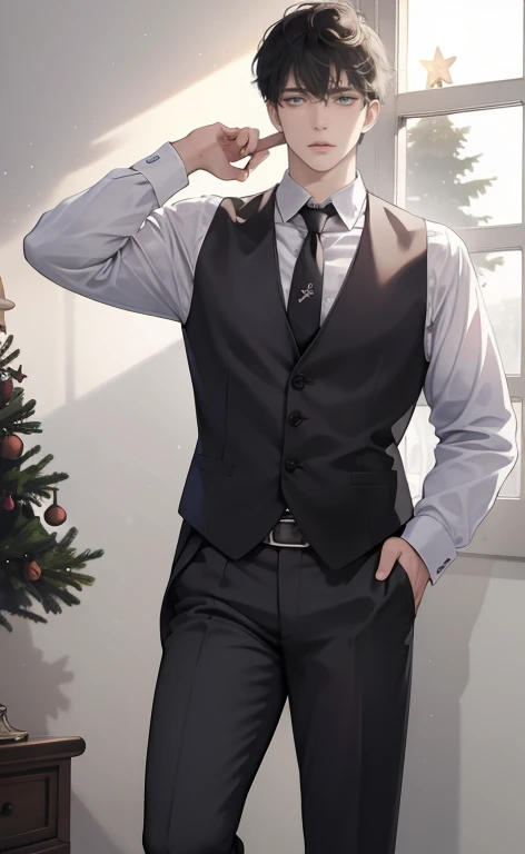 (masterpiece,best quality,ultra_detailed,highres,absurdres, detailed light, detailed shadow),1 ((mature)) male, ((mature face)) 30-ish, (board shoulder), (muscular), male focus, solo, black hair (no highlight), chain, shirt, black necktie, necktie, simple ...