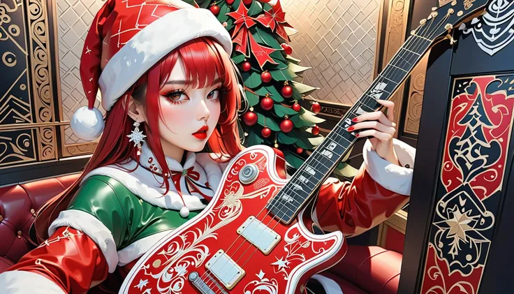 (masterpiece, ultra detailed,best quality)(((1 female))), (((christmas pattern leather MANTEL with lingiere))), (((santa hat))), (((Very flashy makeup))), (((METAL guitar ))), headphones, SIDE view, Japanese beautiful girl, MULTICOLOR Hair, Delicate and pr...