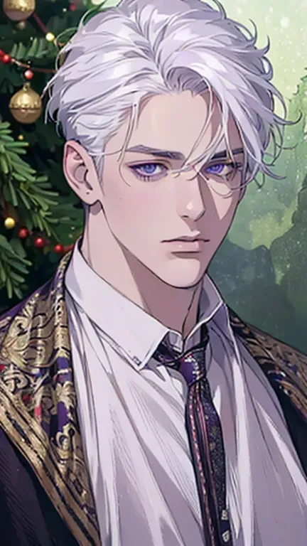 "(best quality,ultra-detailed,realistic:1.37),Medium,portrait,purple eyes,white hair,Man with medium hair,Fine painting style,Detailed facial features,attractive male appearance" , Background with Christmas trees.

