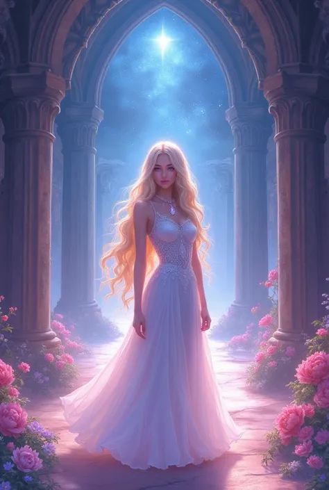 On the cover of the book, Fantasy, magically, red-blue shades, flowers, girl, long pale blonde wavy hair, lilac eyes, in a white light fantasy dress, crystal jewelry, bright halls of the castle, night, stars, hd